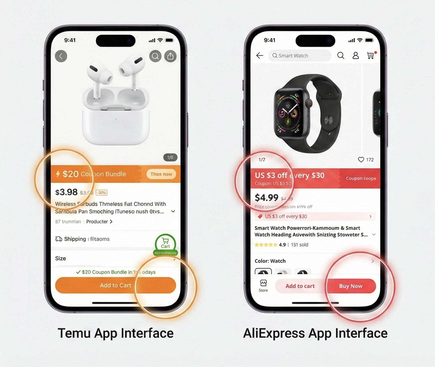 comparativa de la interfaz de la app móvil de aliexpress y temu